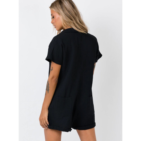 Princess Polly 6 Black Deep V-Neck Collared Short Sleeve Button Up Romper - Picture 5 of 7
